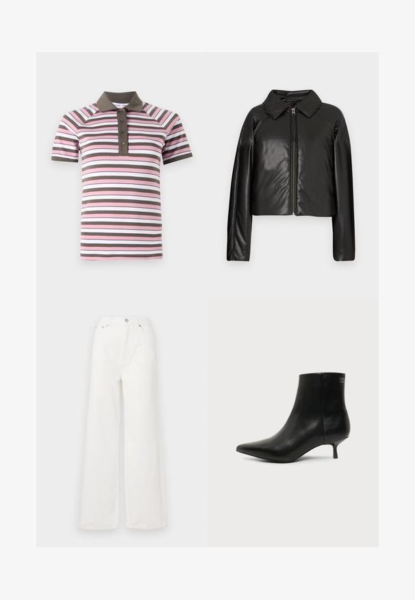 Chaqueta corta de imitación piel negra con cuello con solapa y cierre de cremallera. Presenta mangas largas y una textura suave y brillante.; Camisa polo de manga corta con rayas horizontales rosas, blancas y marrones, cuello marrón y tapeta de botones.; Jeans de mezclilla de cintura alta y pierna ancha en color blanco. Cuenta con bolsillos delanteros, un cierre de botón y detalles de dobladillo deshilachado.; Botín de piel negra con puntera puntiaguda y tacón bajo estilo kitten sobre fondo claro, mostrando vista lateral exterior.