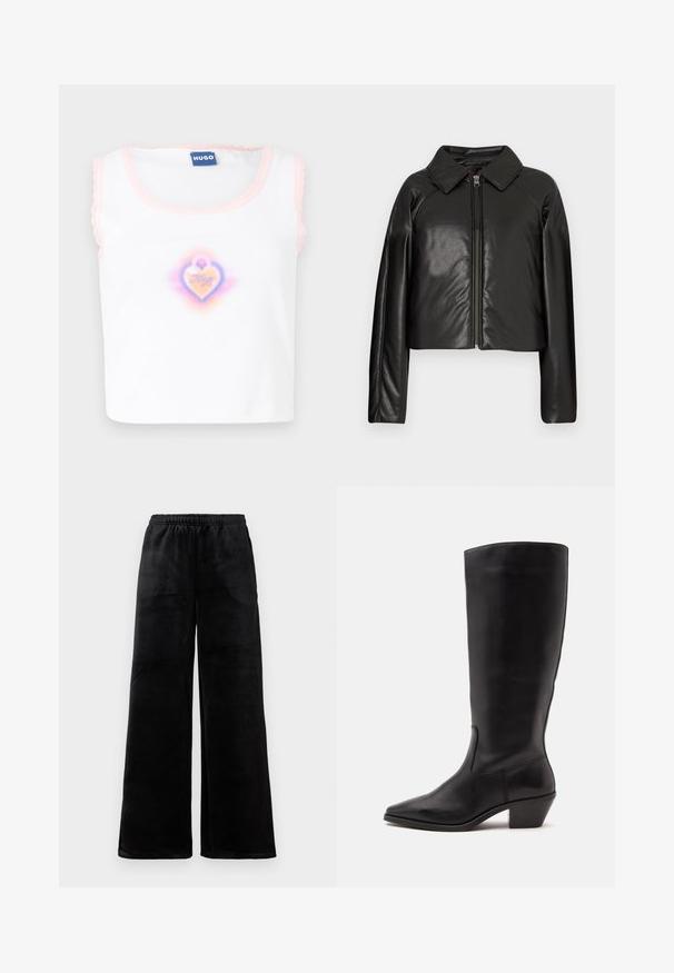 Sort kunstlæder cropped jakke med krave og lynlåslukning. Har lange ærmer og en glat, blank tekstur.; Hvid ærmeløs top med pink bølgekant, med et centreret hjertegrafik i pastelfarver med "Hugo" tekst indeni.; Blå brede bukser lavet af blødt stof, med elastisk talje og en glat tekstur. Enkel design uden mønstre eller accenter.; Sort læderstøvle til midtkalv med spids tå og lavt skråt hæl på en enkel lys baggrund.