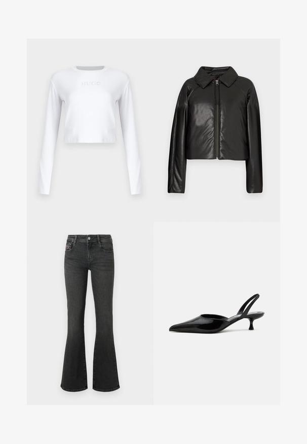 Veste cropped en simili cuir noir avec un col et fermeture zippée. Dispose de longues manches et d'une texture lisse et brillante.; Top court à manches longues blanc en tissu lisse, avec un logo "HUGO" subtil en gris clair sur le devant.; Jean en denim noir à coupe évasée, avec une taille mi-haute, un design à cinq poches et des détails de couture sur les poches. Texture lisse avec un léger éclat.; Chaussure slingback à talon kitten en cuir verni noir avec bout pointu et talon bas incurvé sur fond clair uni.