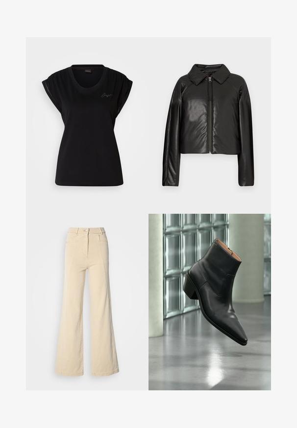Sort kunstlæder cropped jakke med krave og lynlåslukning. Har lange ærmer og en glat, blank tekstur.; Sort kortærmet T-shirt lavet af bomuld med rund halsudskæring, har detaljer med samlet skulder og en diskret broderet logoaccent.; Beige vidde jeans med høj talje, forlommer og kontrasterende syninger, udstyret med en knaplukning og en glat bomuldsstruktur.; Sort læderankelstøvle med spids tå og blokhæl, der svæver over en reflekterende grå gulv nær en væg af glasblokke.