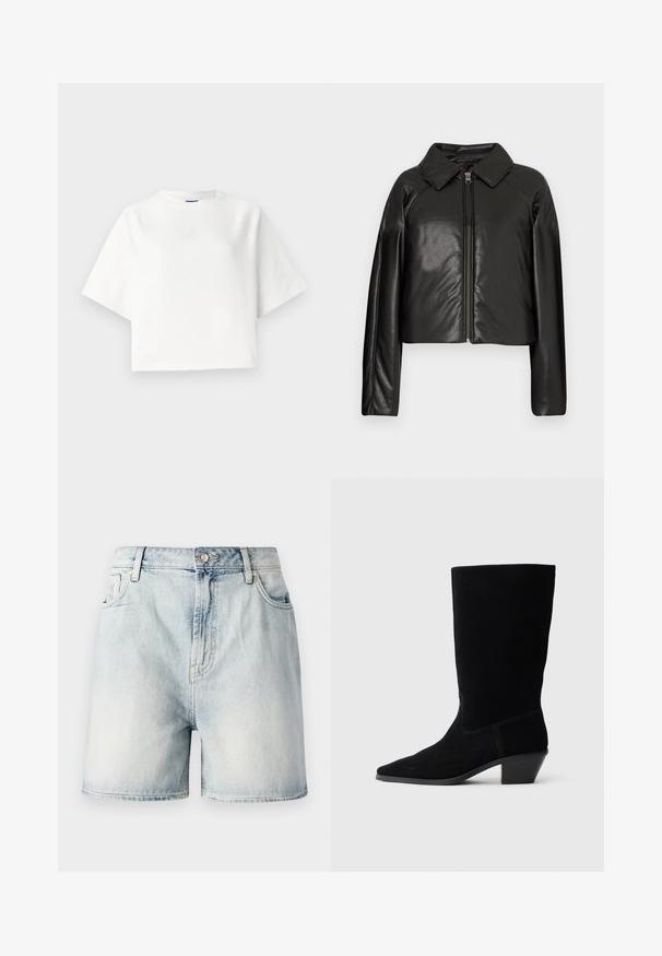 Chaqueta corta de imitación piel negra con cuello con solapa y cierre de cremallera. Presenta mangas largas y una textura suave y brillante.; Camiseta blanca de gran tamaño con mangas raglán cortas, hecha de una tela suave. Presenta un logotipo sutil en el pecho y un escote redondo.; Pantalones cortos de mezclilla azul claro con cierre de botón, cinco bolsillos y una textura deslavada. Corte recto con un diseño clásico.; Botín de ante negro hasta el tobillo con punta afilada, caña de altura media y tacón grueso. Presenta costuras mínimas y una textura suave.