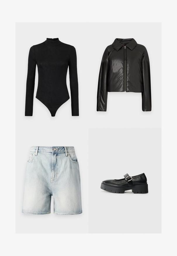 Sort kunstlæder cropped jakke med krave og lynlåslukning. Har lange ærmer og en glat, blank tekstur.; Sort langærmet bodystocking med høj hals og subtil tekstur. Har en lynlås bagpå og en thong-bunddesign.; Lyseblå denimshorts med knaplukning, fem lommer og en falmet struktur. Lige snit med et klassisk design.; Sorte læder Mary Jane sko med en chunky platform sål, rund tå og sidelukning. Glat tekstur med minimal syning.