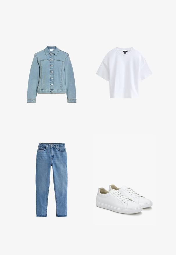 Lichtblauwe spijkerjas met lange mouwen, metalen knoopsluitingen aan de voorkant, kraag en zichtbare stiksel details.; Effen witte cropped T-shirt met korte mouwen, een ronde hals en een zwart merkembleem aan de binnenkant van de kraag.; Lichtblauwe denim jeans met een hoge taille, recht gesneden pijpen, vijf zakken en een enkele knoopsluiting aan de voorkant.; Witte leren sneakers met een gladde textuur, ronde neuzen en platte rubberen zolen. Voorzien van veters en een minimalistisch ontwerp zonder patronen.