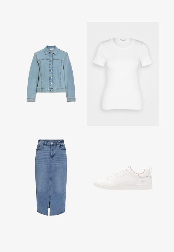 Lyseblå denimjakke med lange ærmer, metal knaplukninger foran, krave og synlige syninger.; Hvid bomulds T-shirt med korte ærmer, rund halsudskæring og ribbet tekstur. Tætsiddende design med en glat, ren finish.; Lysblå denim midi-nederdel med en frontslids, fem lommer, bæltestropper og en knaplukning i livet. Klassisk pasform og tekstur.; Hvide lædersneakers med rund tå, seks snørehuller, perforerede detaljer, subtile plastdetaljer og en struktureret gummisål.