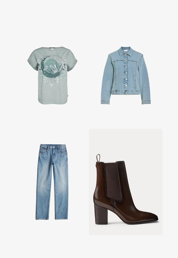 Veste en jean bleu clair à manches longues, fermetures à boutons métalliques sur le devant, col et détails de surpiqûres visibles.; T-shirt à manches courtes, bleu sarcelle clair, avec un motif floral et un croissant de lune. Texture douce avec une coupe décontractée et des manches roulées.; Jean en denim bleu clair avec une coupe droite. Comprend un bouton de fermeture, cinq poches et un léger délavage sur le tissu.; Bottine en cuir marron foncé avec talon bloc et panneau latéral élastique, avec une languette à l'arrière pour un enfilage facile.