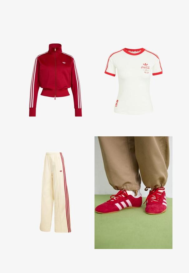Chaqueta de chándal roja con cremallera y tres rayas blancas en las mangas, puños y dobladillo acanalados, y pequeño logo blanco en el pecho izquierdo.; Camiseta blanca de manga corta con cuello rojo, ribete en las mangas, rayas y logo de Coca-Cola en el pecho y la parte inferior.; Pantalones deportivos de pierna ancha en color crema con rayas rojas en los laterales, cintura elástica, bolsillo con cremallera y logo rojo de Adidas en el muslo.; Zapatillas deportivas de ante rojo con rayas blancas, suela de goma plana y cordones rojos. Llevadas con pantalones beige, situadas sobre una superficie verde.