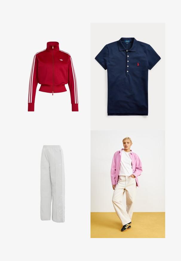Rød træningsjakke med lynlås med hvide tre striber på ærmerne, ribstrikkede manchetter og kant samt lille hvidt logo på venstre bryst.; Marineblå kortærmet poloshirt med fire hvide knapper og rødt broderet logo på venstre bryst, lagt fladt på hvid baggrund.; Lysegrå Adidas vidde træningsbukser med elastisk talje, hvide tre striber på siderne, lynlåslomme og subtil blomsterbroderi på venstre ben.; Lyserød fløjls skjorte over en hvid t-shirt, parret med beige brede bukser og sorte sko med gule striber. Sat mod en gul baggrund.
