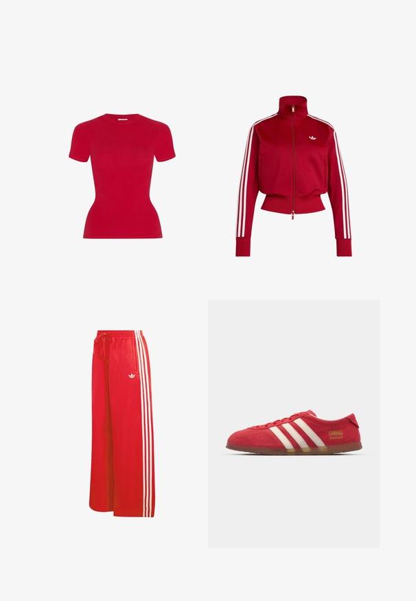 Chaqueta de chándal roja con cremallera y tres rayas blancas en las mangas, puños y dobladillo acanalados, y pequeño logo blanco en el pecho izquierdo.; Camiseta roja de manga corta con diseño ajustado. Fabricada con material suave, cuenta con cuello redondo y bordes sin costuras.; Pantalones deportivos rojos hechos de material ligero, con un diseño de pierna ancha, cintura elástica, cordón ajustable y tres rayas blancas en cada lado.; Zapatilla de ante roja con diseño de tres rayas blancas, suela plana y detalle de logo dorado. Diseño bajo con punta redonda y cierre con cordones.
