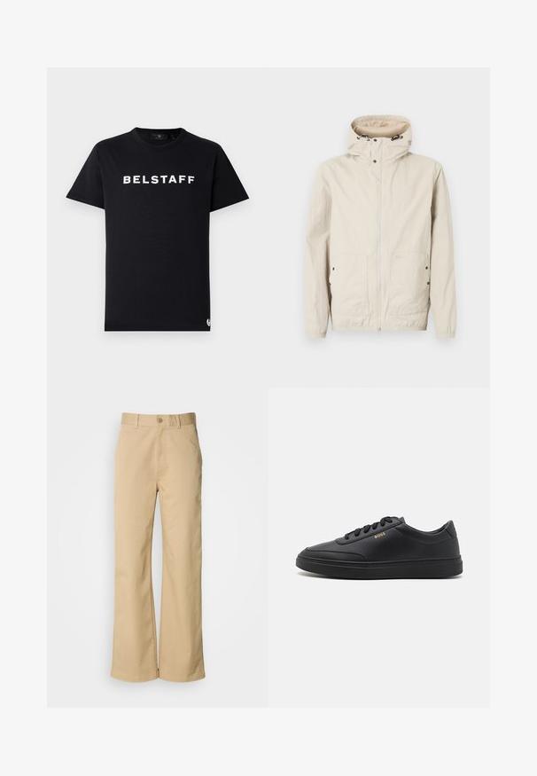 Lichtbeige jasje met capuchon, voorkant met ritssluiting en een ontwerp met twee zakken. Gemaakt van een gestructureerde stof. Voorzien van zwarte hardware details.; Zwarte katoenen t-shirt met een ronde halslijn, korte mouwen, en een witte "BELSTAFF" logo gedrukt over de borst.; Beige, wijde broek gemaakt van een katoenmix. Voorzien van een knoopsluiting en riemlussen. Soepele textuur, met minimale stikseldetails.; Zwarte leren sneakers met een gladde textuur, ronde neus, platte rubberen zool en tonale veters. Kenmerkt zich door de gouden "BOSS" branding aan de zijkant.