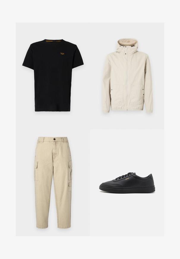 Helles beige Jackett mit Kapuze, Frontreißverschluss und zwei Taschen. Hergestellt aus einem strukturierten Stoff. Verfügt über schwarze Hardware-Details.; Schwarzes Baumwoll-T-Shirt mit kurzen Ärmeln, Rundhalsausschnitt und einem kleinen, kontrastierenden gelben Markenpatch auf der linken Brustseite.; Beige Cargo-Hosen aus weichem Stoff, mit seitlichen Taschen, einem Knopfverschluss und einer schmal zulaufenden Beinform.; Schwarze Leder-Sneaker mit glatter Textur, runder Zehenpartie, flacher Gummisohle und einfarbigen Schnürsenkeln. Mit goldfarbenem "BOSS" Logo an der Seite.