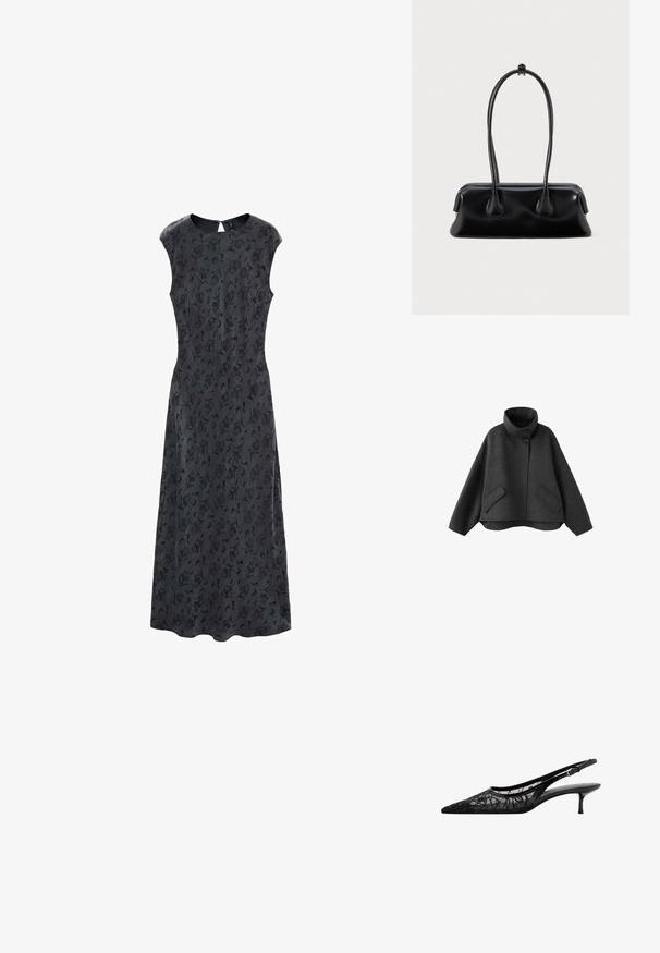 Chaqueta de lana gris oscuro con cuello alto, dos bolsillos delanteros con solapa inclinados, mangas largas y anchas y cierre con botón en el cuello.; Vestido negro con estampado floral, con un corsé ajustado y falda acampanada, que presenta mangas cortas y cierre de cremallera en la parte posterior. Textura de tela suave.; Zapato slingback negro de punta puntiaguda con tacón bajo de estilo kitten y parte superior de malla transparente decorada con costuras negras abstractas.; Bolso de mano de cuero negro con dos asas alargadas, una textura suave y una base redondeada con detalles decorativos en los laterales.