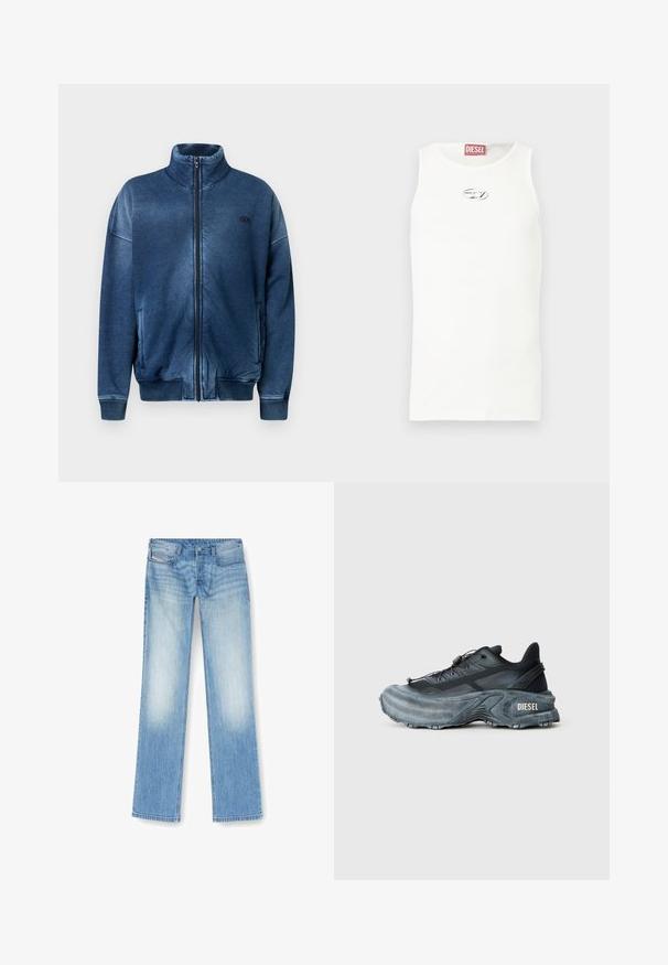 Blaue Jacke mit Reißverschluss aus weichem Stoff, mit Stehkragen, gerippten Bündchen, Seitentaschen und einem aufgestickten Logo auf der Brust.; Weißes ärmelloses Tanktop aus glattem Stoff, mit kleinem silbernem Logo auf der Brust und einem roten Etikett am Halsausschnitt.; Helle blaue Straight-Leg-Jeans aus Denim mit faded Finish, Fünf-Taschen-Design und sichtbaren Nähdetails entlang der Nähte.; Schwarz- und graue Diesel-Sneaker mit dicker Sohle, Schnürverschluss und strukturiertem Design auf einem schlichten hellgrauen Hintergrund.