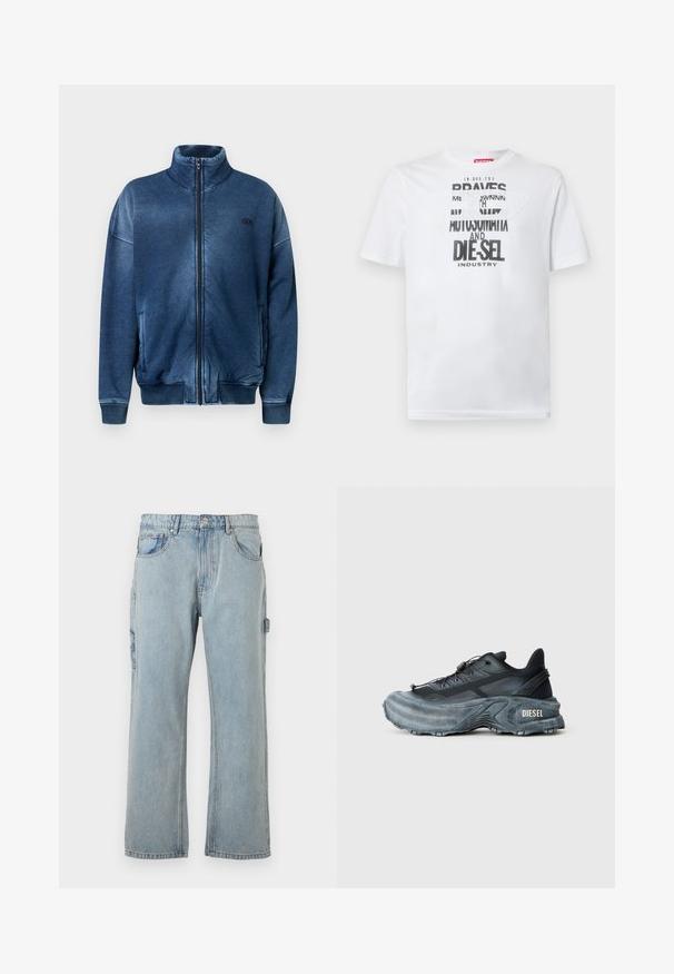 Chaqueta azul con cremallera hecha de tela suave, con cuello alto, puños acanalados, bolsillos laterales y un logo bordado en el pecho.; Camiseta blanca de algodón con tipografía negra audaz que muestra las palabras "BRAVES" y "DIE-SEL INDUSTRY" y un diseño de recorte semitransparente.; Pantalones cargo de mezclilla azul claro con un corte relajado, que cuentan con bolsillos laterales, un diseño de pierna recta y detalles de costura visibles.; Zapatilla Diesel en negro y gris con suela gruesa, cierre de cordón y diseño texturizado sobre un fondo liso de color gris claro.