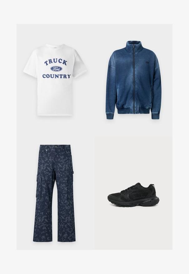Blauwe jas met ritssluiting van zachte stof, met een opstaande kraag, geribde manchetten, zijzakken en een geborduurd logo op de borst.; Witte katoenen t-shirt met blauwe bedrukte tekst "TRUCK COUNTRY" en een blauw ovale "Ford" logo in het midden. Korte mouwen en ronde hals.; Sean John SCRIPT LOGO CAMOUFLAGE - Cargobroek - blue; Zwarte sportieve sneaker met mesh bovenwerk, gevoerde kraag, dikke gewatteerde zool en vetersluiting, zijaanzicht op witte achtergrond.