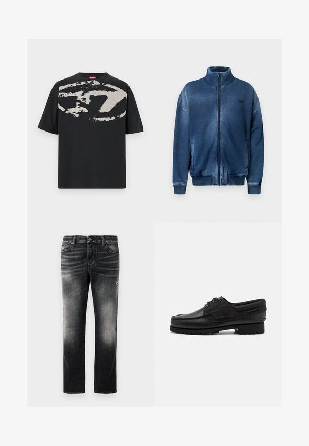 Chaqueta azul con cremallera hecha de tela suave, con cuello alto, puños acanalados, bolsillos laterales y un logo bordado en el pecho.; Camiseta negra con un gran gráfico abstracto en gris claro en la parte frontal. Mangas cortas y un cuello redondeado clásico. Material de algodón.; Jeans negros con acabado desgastado y toques rasgados, diseño estándar de cinco bolsillos y cierre con cremallera. Elaborados en tela de denim.; Zapato negro con parte superior de cuero, acentos de textil, cordones redondos y suela de goma texturizada. Presenta costura de mocasín y detalle de marca.