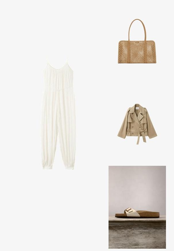 Gabardina corta beige con solapas anchas, botones dobles, hombreras y cinturón atado a la cintura sobre fondo liso.; Mono blanco sin mangas con tirantes finos, corpiño fruncido, cintura ceñida, pantalones anchos que se estrechan en los tobillos con puños abotonados.; Chancla con una parte superior metálica ligera, plantilla de corcho y suela de goma texturizada en marrón. Detalle de hebilla con acento de logo.; Bolso rectangular tejido color cuero claro con dos asas largas y lisas y un patrón de celosía abierta en todo el cuerpo del bolso.