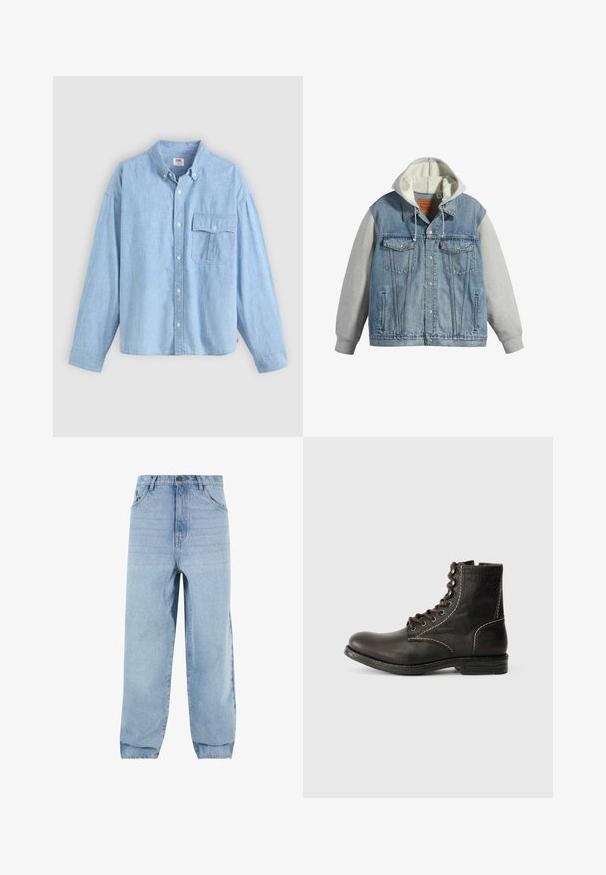 Denim- und grauer Kapuzenjacke mit Knopfleiste, zwei Brusttaschen, zwei Seitentaschen und kontrastierendem Material an den Ärmeln.; Himmelblaues Hemd mit Knopfverschluss aus Chambray-Stoff. Verfügt über einen Kragen, lange Ärmel und eine Brusttasche mit Klappe und Knopf.; Helles, blaues Denim-Jeans mit lockerer Passform, hoher Taille und fünf Taschen. Mit Gürtelschlaufen und Knopfverschluss. Glatte Textur.; Braune Leder-Ankle-Boots mit runder Zehenform, sieben Ösen-Design, weißen Nähten und strukturiertem Obermaterial. Robuste Gummisohle, klassischer Stil.