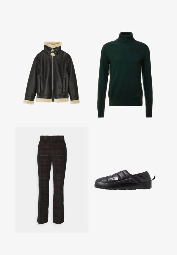 Sort læderjakke med blød beige shearling-krave og manchetter. Har lynlåslukning foran og to sidelommer. Robust design med spænder.; Mørkegrøn turtleneck sweater lavet af et glat strikket stof. Har lange ærmer og en tætsiddende hals. Klassisk design, uden mønstre.; Dickies ALMA PANT - Bukser - black/brown; Sort slip-on sko med et quiltet design, lavet af polstret materiale. Har en struktureret gummisål og et lille trækstrop bagpå.