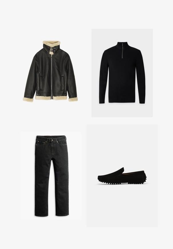 Schwarze Lederjacke mit weichem beigem Lammfellkragen und -manschetten. Verfügt über einen Front-Reißverschluss und zwei Seitentaschen. Robustes Design mit Schnallen.; Schwarzer, langärmliger, gerippter Pullover mit halbem Reißverschluss und hohem Kragen, flach auf einem einfarbigen Hintergrund dargestellt.; Schwarze Jeans im geraden Schnitt mit fünf Taschen, Gürtelschlaufen und einem Knopfverschluss an der Taille, flach auf einem weißen Hintergrund ausgelegt.; Schwarze Wildleder Slipper mit einer leicht erhöhten, strukturierten Außensohle und einer Ziernaht entlang der Kanten, die ein klassisches Schlupfdesign aufweisen.