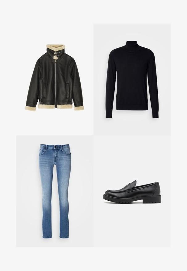 Schwarze Lederjacke mit weichem beigem Lammfellkragen und -manschetten. Verfügt über einen Front-Reißverschluss und zwei Seitentaschen. Robustes Design mit Schnallen.; Schwarzer Rollkragenpullover aus weichem Stoff. Mit langen Ärmeln, geripptem Kragen und Bündchen, hat eine glatte Textur und keine Muster.; Helle blaue Denim-Jeans mit einem klassischen Fünf-Taschen-Design, geradem Bein und subtilen Ausbleichungen. Hergestellt aus weichem, strapazierfähigem Stoff.; Schwarze Lederloafers mit runder Zehenform, eleganter Schlupfdesign und dicker Gummisohle mit strukturiertem Griff. Erhöhter Absatz und dezente Nähdetails.