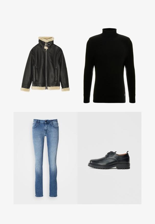 Schwarze Lederjacke mit weichem beigem Lammfellkragen und -manschetten. Verfügt über einen Front-Reißverschluss und zwei Seitentaschen. Robustes Design mit Schnallen.; Schwarzer Rollkragenpullover mit langen Ärmeln, gerippter Textur, figurbetonter Silhouette und kleinem Markenschild unten links.; Helle blaue Denim-Jeans mit einem klassischen Fünf-Taschen-Design, geradem Bein und subtilen Ausbleichungen. Hergestellt aus weichem, strapazierfähigem Stoff.; Schwarze Leder Derby-Schuhe mit glatter Textur, runder Zehenform, Schnürdesign und einer dicken, robusten Gummisohle.