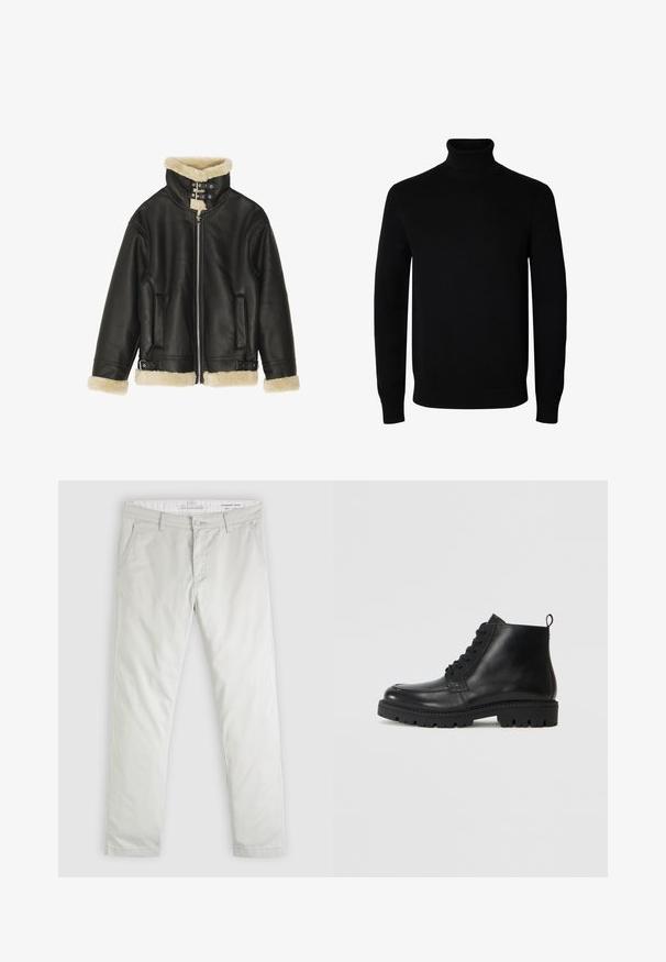 Veste en cuir noir avec col et poignets en shearling beige pelucheux. Dispose d'une fermeture éclair sur le devant et de deux poches latérales. Design robuste avec boucles.; Pull noir à col roulé manches longues avec poignets et bas côtelés, présenté sur un fond blanc uni.; Pantalon chino gris clair à jambes droites avec passants pour ceinture, poches avant et fermeture éclair, étiqueté coupe standard effilée, taille 32.; Bottines en cuir noir à bout rond, avec des lacets à l'avant et une semelle en caoutchouc texturée. Comprend une languette à l'arrière pour un enfilage facile.