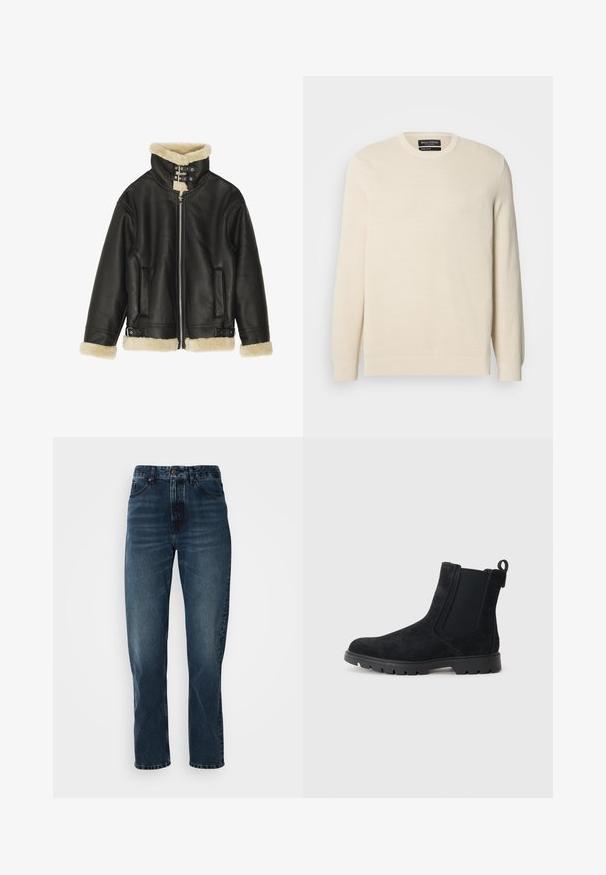 Sort læderjakke med blød beige shearling-krave og manchetter. Har lynlåslukning foran og to sidelommer. Robust design med spænder.; Lysebeige strikket trøje med rund hals, lange ærmer og et subtilt teksturmønster. Har et brystemblem og ribkant forneden.; Mørkeblå lige bukser med frontknap og lynlås, fem-lomme design og subtil fading på lår og knæ.; Sort ruskind chelsea-støvle med et struktureret overmateriale, elastiske sidepaneler, en trækkestrop og en robust gummisål for godt greb.