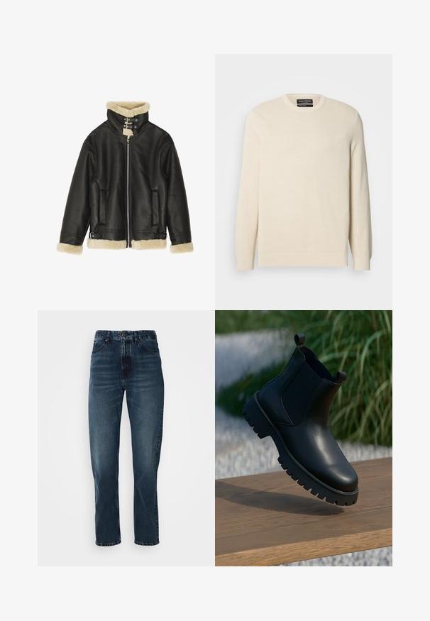 Sort læderjakke med blød beige shearling-krave og manchetter. Har lynlåslukning foran og to sidelommer. Robust design med spænder.; Lysebeige strikket trøje med rund hals, lange ærmer og et subtilt teksturmønster. Har et brystemblem og ribkant forneden.; Mørkeblå lige bukser med frontknap og lynlås, fem-lomme design og subtil fading på lår og knæ.; Sorte læder ankelstøvler med elastiske sidepaneler, rund tå og kraftig sål, vist på en træoverflade.