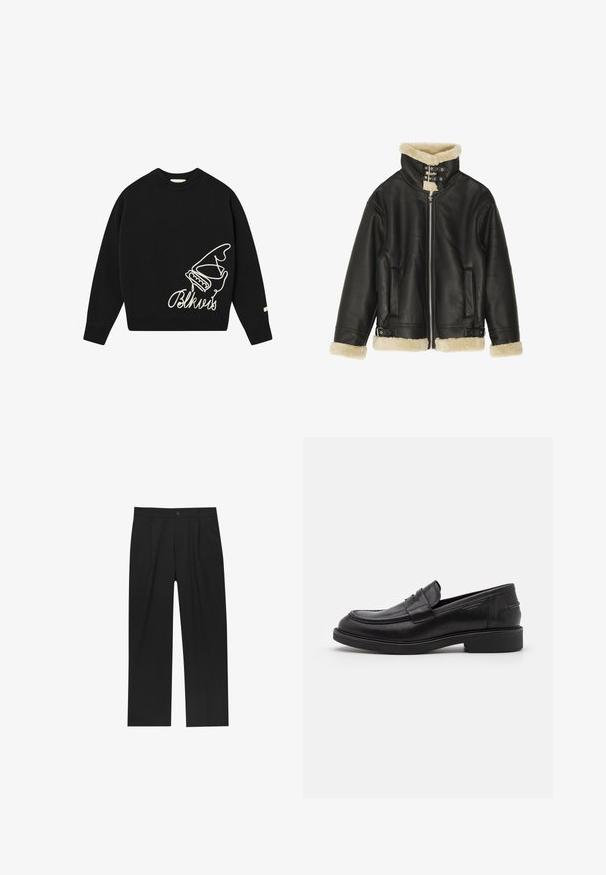 Veste en cuir noir avec col et poignets en shearling beige pelucheux. Dispose d'une fermeture éclair sur le devant et de deux poches latérales. Design robuste avec boucles.; Pull noir à col rond, avec un design brodé de mains blanches et de texte. Fabriqué en tissu doux, avec des poignets et un ourlet côtelés.; Pantalons noirs au design droit, fabriqués à partir d'un tissu lisse. Dotés de plis sur le devant et d'une fermeture à un bouton à la taille.; Mocassins en cuir noir avec un bout arrondi, des coutures ton sur ton et un détail de sangle à l'avant. Semelle en caoutchouc avec un petit talon.