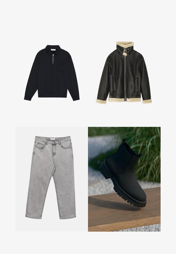 Veste en cuir noir avec col et poignets en shearling beige pelucheux. Dispose d'une fermeture éclair sur le devant et de deux poches latérales. Design robuste avec boucles.; Pier One by Zalando Sweatshirt - black; Jean en denim gris clair avec bouton et fermeture éclair à l'avant, passants pour ceinture et cinq poches, posé à plat sur un fond blanc.; Botte cheville noire avec une finition lisse, des panneaux latéraux élastiques et une semelle épaisse et robuste. Présentée sur un fond naturel sur une surface en bois.