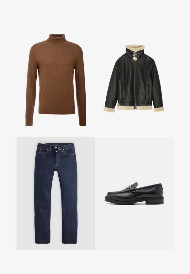 Veste en cuir noir avec col et poignets en shearling beige pelucheux. Dispose d'une fermeture éclair sur le devant et de deux poches latérales. Design robuste avec boucles.; Pull en col roulé marron en tissu doux, avec des manches longues, des poignets côtelés et une coupe ajustée sans motifs visibles.; Jean droit bleu foncé avec braguette à boutons, poches avant et arrière, et surpiqûres contrastantes, posé à plat sur un fond clair.; Mocassins en cuir noir avec une finition lisse, bout rond, une sangle décorative avec des accessoires en or, et une semelle noire robuste.