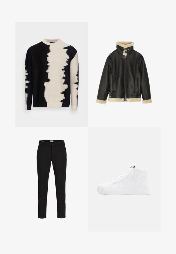 Veste en cuir noir avec col et poignets en shearling beige pelucheux. Dispose d'une fermeture éclair sur le devant et de deux poches latérales. Design robuste avec boucles.; Pull en tricot avec un col haut, motif abstrait noir et blanc audacieux, tissu texturé et bords côtelés au niveau des poignets et de l'ourlet.; Pantalon noir coupe slim avec passants de ceinture, bouton frontal et fermeture éclair, présenté sur un fond blanc.; Baskets montantes blanches en matériau synthétique lisse. Dotées d'une fermeture éclair sur le côté, d'un bout arrondi et d'une semelle en caoutchouc texturé.