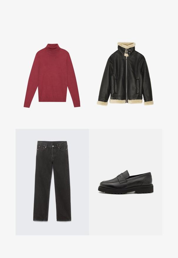 Veste en cuir noir avec col et poignets en shearling beige pelucheux. Dispose d'une fermeture éclair sur le devant et de deux poches latérales. Design robuste avec boucles.; Pull à col roulé rouge en maille douce. Dispose de longues manches et d'une coupe ajustée. Texture lisse sans motifs ni accessoires visibles.; Jean denim noir à jambes droites avec poches avant, passants de ceinture et fermeture par bouton, disposé à plat sur un fond gris.; Mocassin en cuir noir avec un bout rond, des détails cousus, et une semelle épaisse et texturée. Présente un design élégant et minimaliste.