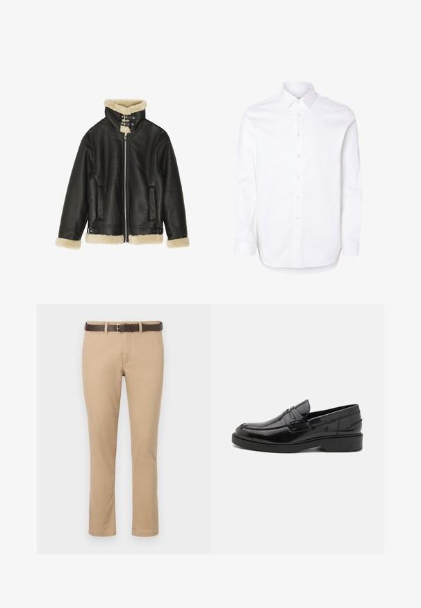 Sort læderjakke med blød beige shearling-krave og manchetter. Har lynlåslukning foran og to sidelommer. Robust design med spænder.; Hvid skjorte med lange ærmer, klassisk krave og knapper ved manchetterne.; Khaki bukser med lige snit, lavet af bomuld, der har et brunt læderbælte med en sølvspænde. Glat tekstur, ingen mønstre.; Sorte læder loafers med en glat finish, rund tå, lav hæl og dekorativ syning langs forsiden. Gummisål for godt greb.