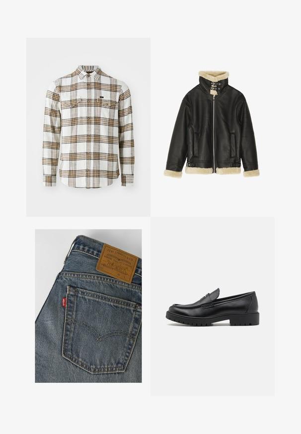 Schwarze Lederjacke mit weichem beigem Lammfellkragen und -manschetten. Verfügt über einen Front-Reißverschluss und zwei Seitentaschen. Robustes Design mit Schnallen.; Lee CLEAN WESTERN - Hemd - ecru ochre plaid; Gesäßtasche einer blauen Denim Levi's Jeans mit gelber Naht und einem braunen Lederetikett von Levi Strauss & Co. am Bund.; Schwarze Lederloafers mit runder Zehenform, eleganter Schlupfdesign und dicker Gummisohle mit strukturiertem Griff. Erhöhter Absatz und dezente Nähdetails.
