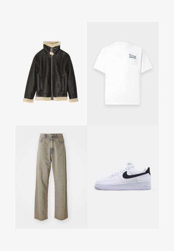 Sort læderjakke med blød beige shearling-krave og manchetter. Har lynlåslukning foran og to sidelommer. Robust design med spænder.; Hvid t-shirt med korte ærmer og rund hals, med blå "Dickies" tekst på venstre bryst. Fremstillet af blød bomuld, enkelt design.; Lys grå brede jeans i denim, med en falmet tekstur, synlige syninger og traditionel knap- og lynlåslukning.; Hvide lædersneakers med en struktureret sort Swoosh, flade snørebånd og en gummisål med et rillemønster. "AIR" er præget på hælen.