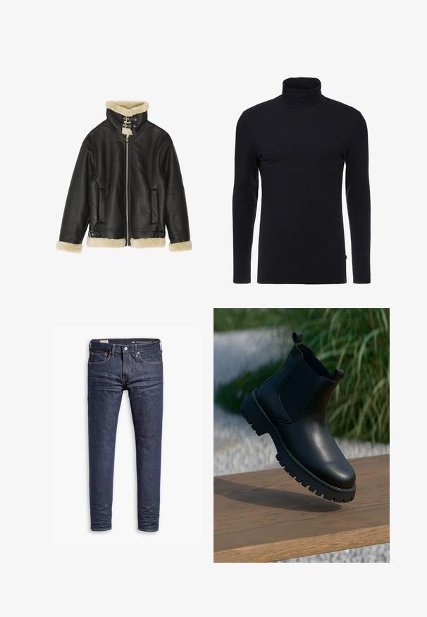 Sort læderjakke med blød beige shearling-krave og manchetter. Har lynlåslukning foran og to sidelommer. Robust design med spænder.; Sort langærmet turtleneck skjorte lavet af blødt, strækbart stof. Har et tætsiddende design og en glat tekstur. Ingen synlige mønstre eller accenter.; Mørkeblå slim-fit Levi's Performance jeans med fem lommer og synlig syning på hvid baggrund.; Sorte læder ankelstøvler med elastiske sidepaneler, rund tå og kraftig sål, vist på en træoverflade.