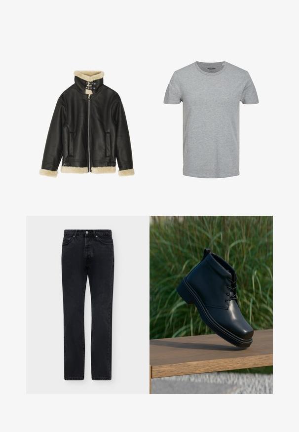 Sort læderjakke med blød beige shearling-krave og manchetter. Har lynlåslukning foran og to sidelommer. Robust design med spænder.; Grå kortærmet T-shirt lavet af blød bomuld. Har en klassisk rund halsudskæring og en regulær pasform. Enkel design uden mønstre eller detaljer.; Sorte jeans med lige ben, frontlukning med knap og lynlås, bæltestropper og to forlommer.; Sorte læder ankelstøvler med en glat finish, rund tå og en kontrasterende brun hæl. Snørebånd og syningsdetaljer er synlige.