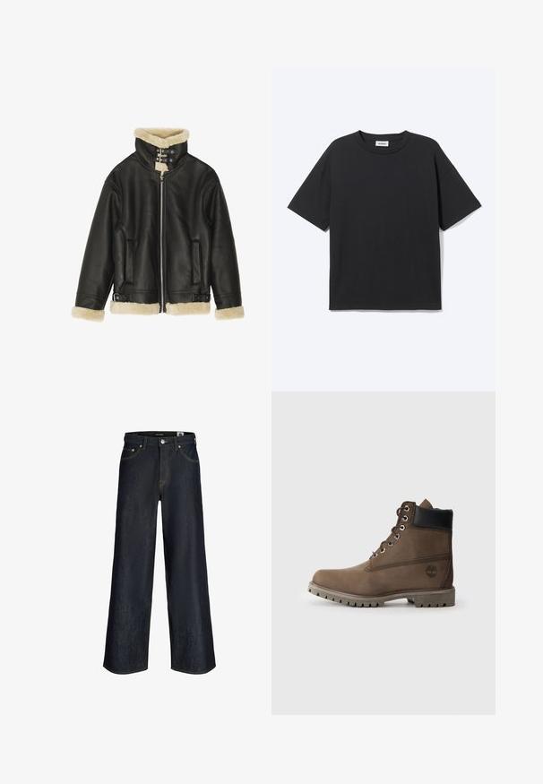 Sort læderjakke med blød beige shearling-krave og manchetter. Har lynlåslukning foran og to sidelommer. Robust design med spænder.; Sort T-shirt med korte ærmer og rund hals med afslappet pasform, forfra, ensfarvet design og synligt Weekday-mærke inde i kraven.; Mørkeblå vidbenede jeans med frontknap, lommer og synlige orange syninger på hvid baggrund.; Brune læder ankelstøvle med sort krave, metaløjer og slidstærk grå sål. Har logo på siden og syet detaljer.