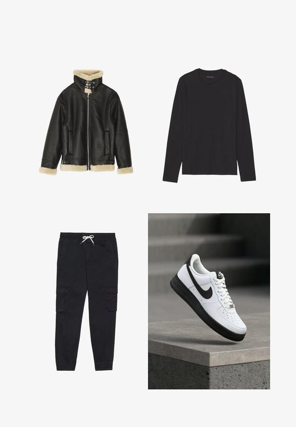 Veste en cuir noir avec col et poignets en shearling beige pelucheux. Dispose d'une fermeture éclair sur le devant et de deux poches latérales. Design robuste avec boucles.; T-shirt à manches longues noir en tissu doux et léger. Présente un col rond et un ourlet droit. Aucun motif ou accent visible.; Pantalons cargo noirs en coton, avec une taille élastique et un cordon de serrage, des poches latérales et des poignets fuselés.; Baskets en cuir blanc avec accents noirs, bout arrondi et détails perforés. Semelle en caoutchouc noire avec motif texturé et fermeture à lacets.
