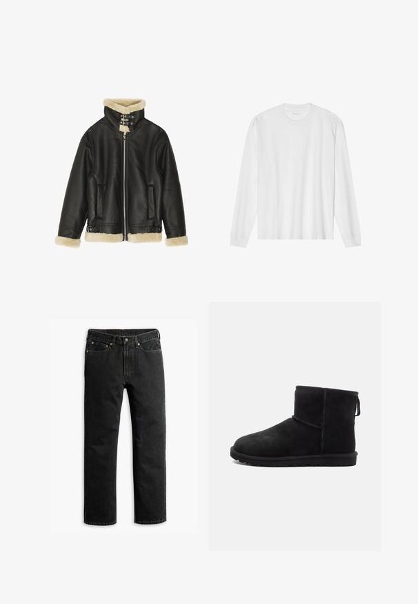 Veste en cuir noir avec col et poignets en shearling beige pelucheux. Dispose d'une fermeture éclair sur le devant et de deux poches latérales. Design robuste avec boucles.; T-shirt blanc en coton à manches longues avec col rond, doté de poignets côtelés et d'un ourlet droit, texture lisse et design minimaliste.; Jean en denim noir à jambe droite avec cinq poches, passants de ceinture et fermeture par bouton à la taille, disposé à plat sur un fond blanc.; Botte courte en suede noir avec un bout arrondi, des détails de couture minimaux, une languette et une semelle en caoutchouc texturé. Conçue pour la chaleur et le confort.