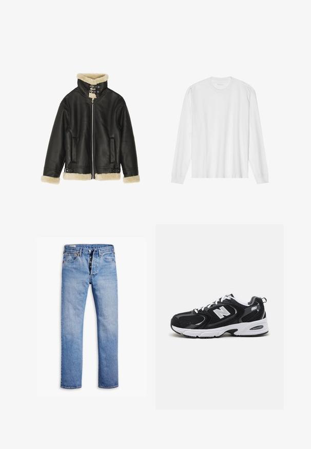 Veste en cuir noir avec col et poignets en shearling beige pelucheux. Dispose d'une fermeture éclair sur le devant et de deux poches latérales. Design robuste avec boucles.; T-shirt blanc en coton à manches longues avec col rond, doté de poignets côtelés et d'un ourlet droit, texture lisse et design minimaliste.; Jeans en denim bleu clair avec une coupe droite, une fermeture à cinq boutons, des passants de ceinture et un délavage subtil. Dispose de deux poches avant et de rivets en cuivre.; Baskets de sport noires et grises avec un tige en mesh et en suède, présentant une semelle intermédiaire blanche, des lacets et un logo "N" audacieux sur le côté.