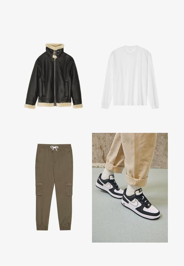 Black leather jacket with plush beige shearling collar and cuffs. Features a front zip closure and two side pockets. Sturdy design with buckles.; White long-sleeve cotton t-shirt with a crew neck, featuring ribbed cuffs and a straight hem, smooth texture, and minimalistic design.; Khaki cargo pants with an elastic waistband and drawstring, featuring side pockets and cuffed ankles. Made from a textured, lightweight material.; Black and white Nike Air Force 1 sneakers with a leather upper, perforated toe, and textured sole detail, worn with rolled beige pants and white socks.