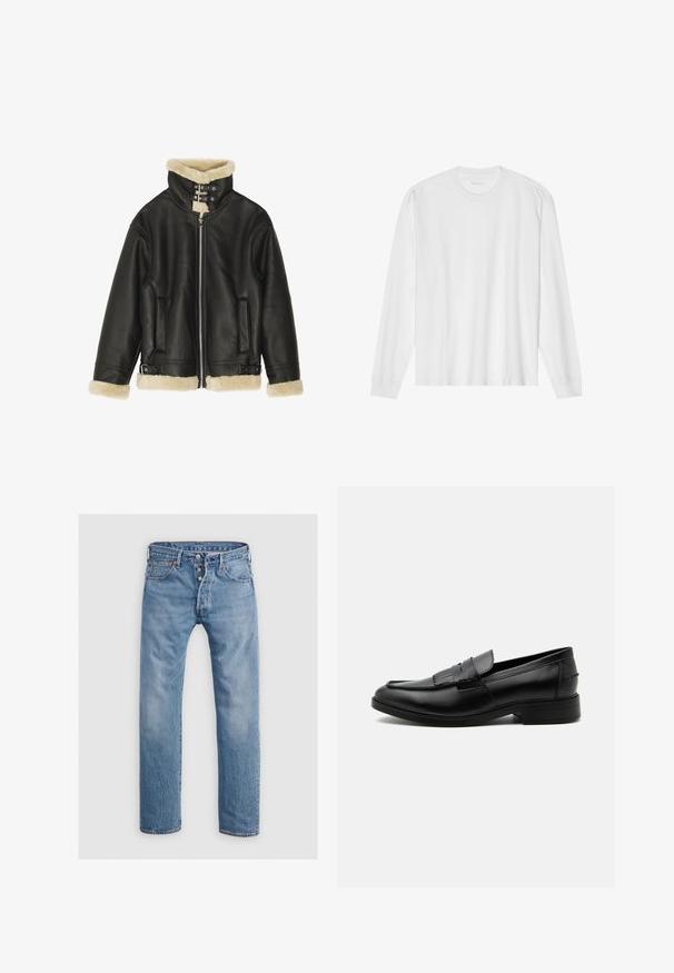 Sort læderjakke med blød beige shearling-krave og manchetter. Har lynlåslukning foran og to sidelommer. Robust design med spænder.; Hvid, langærmet t-shirt i bomuld med rund hals, med ribbede ærmeafslutninger og en lige kant, glat tekstur og minimalistisk design.; Lysblå denim jeans med en lige ben-design, fem lommer og en knaplukning. Har diskrete falmede områder og syninger som accent.; Sort læder herre loafers med kvast detalje, rundet tå, lav hæl og glat poleret finish, vist fra siden på hvid baggrund.