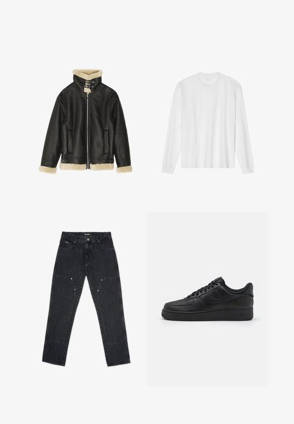Schwarze Lederjacke mit weichem beigem Lammfellkragen und -manschetten. Verfügt über einen Front-Reißverschluss und zwei Seitentaschen. Robustes Design mit Schnallen.; Weißes langärmeliges Baumwoll-T-Shirt mit Rundhalsausschnitt, mit gerippten Bündchen und geradem Saum, glatter Textur und minimalistischem Design.; Pegador VINTO CARPENTER - Carpenter Jeans - washed black; Nike Sportswear AIR FORCE 1 07 FLYEASE - Sneaker low - black