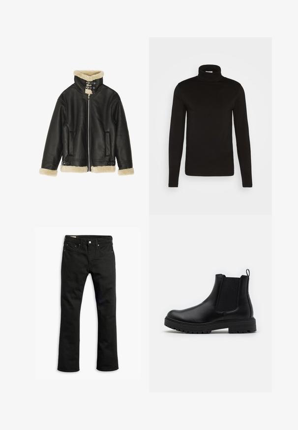 Sort læderjakke med blød beige shearling-krave og manchetter. Har lynlåslukning foran og to sidelommer. Robust design med spænder.; Sort turtleneck langærmet skjorte lavet af et glat stof med en tætsiddende design og en høj, tætsiddende krave. Ingen mønstre eller accenter synlige.; Sorte denim jeans med lige ben, fem lommer, metalknaplukning og diskrete syninger. Glat tekstur og ensfarvet.; Zign LEATHER - Støvletter - black