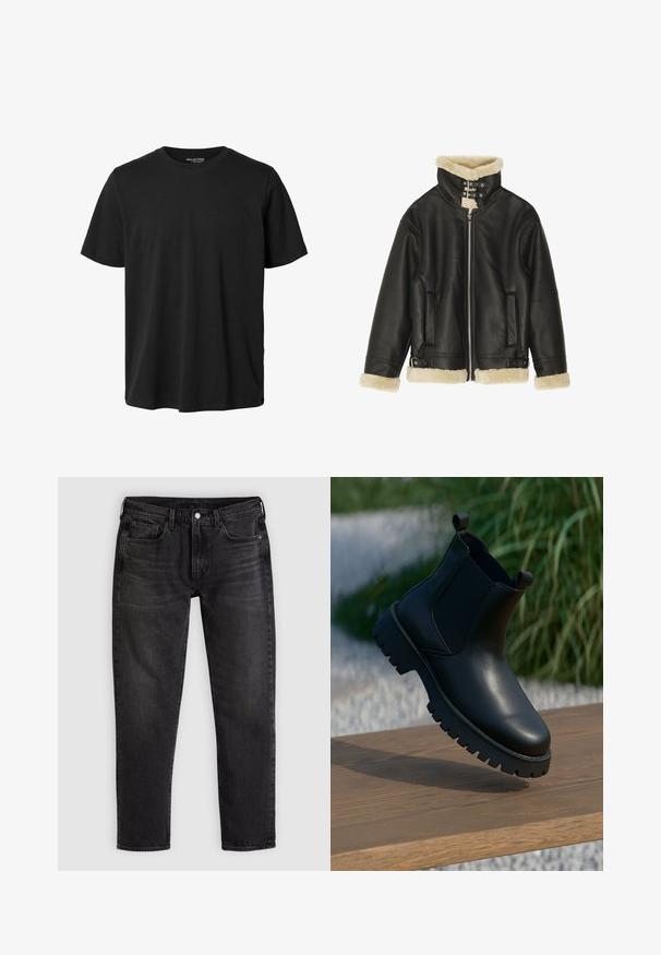 Sort læderjakke med blød beige shearling-krave og manchetter. Har lynlåslukning foran og to sidelommer. Robust design med spænder.; Sort kortærmet t-shirt med rund halsudskæring, normal pasform og uden synligt design eller mærkning foran.; Sorte slim-fit denimjeans med fem lommer, bæltestropper og lukning med knap og lynlås foran, lagt fladt på en lys baggrund.; Sorte læder ankelstøvler med elastiske sidepaneler, rund tå og kraftig sål, vist på en træoverflade.