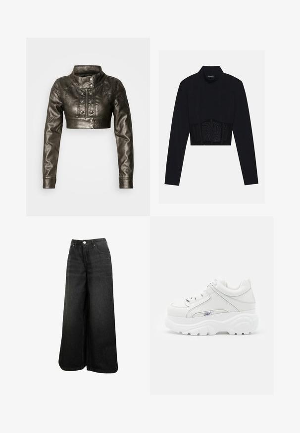 Metallisch schimmernde, kurze Kunstlederjacke mit hohem Kragen, Reißverschluss vorne und dekorativen Knopfdetails. Verfügt über lange Ärmel und eine taillierte Passform.; Schwarzes langärmliges Crop-Top mit hohem Kragen, einem durchsichtigen Netzpaneel an der Taille und strukturierten Nähten für einen taillierten Schnitt.; Schwarze weit geschnittene Jeans mit hoher Taille, Frontknopf, Taschen und dezentem Logo auf der Vorder-Tasche.; Weiße Plattform-Sneaker aus synthetischem Material, mit einer glatten Oberfläche, dicker Sohle und dezenten Nähdetails. Mit einem Logo akzentuiert.