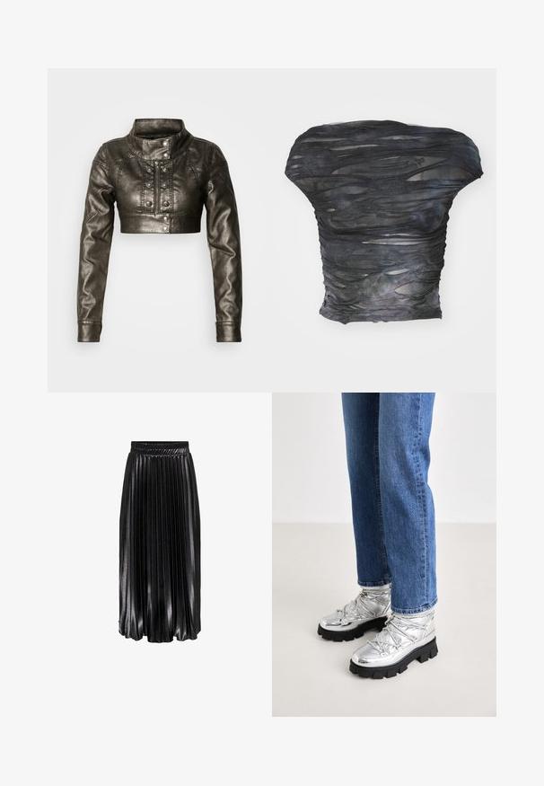 Veste courte en similicuir métallique avec un col montant, une fermeture éclair à l'avant et des détails décoratifs à boutons. Caractéristiques manches longues et coupe ajustée.; Haut noir transparent avec un design texturé en couches présentant des découpes horizontales. Le matériau semble léger avec des variations de couleur subtiles.; Jupe midi plissée noire avec une finition brillante, taille élastique et plis verticaux prononcés, offrant une apparence texturée et fluide.; Bottines argentées métalliques avec une semelle noire robuste, présentant un dessus rembourré et des lacets, associées à un jean droit bleu.