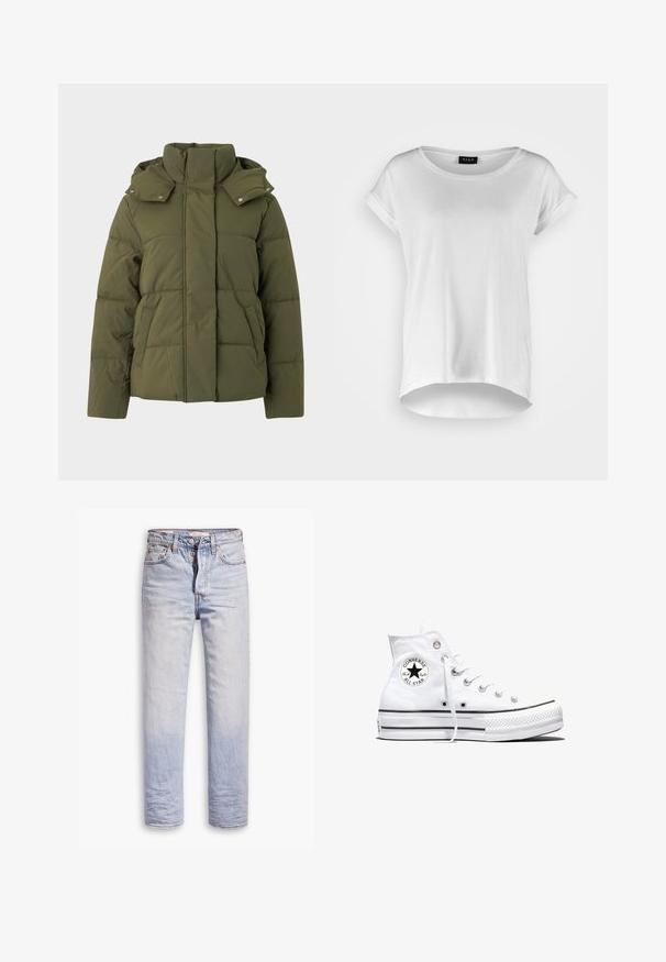 Chaqueta de plumas verde oliva con un alto cuello y capucha, que presenta paneles cosidos, bolsillos laterales y detalles de cierre a presión.; Camiseta blanca de manga corta con cuello redondo, dobladillo trasero ligeramente más largo, tejido de algodón suave y mangas enrolladas. Sin estampados visibles.; Jeans de denim azul claro con un diseño de pierna recta, que cuentan con un cierre de botón, cinco bolsillos y un ligero desgastado a lo largo de las piernas.; Zapatilla blanca de caña alta Converse Chuck Taylor All Star con parche de logo negro y cordones blancos, presentada sobre fondo blanco.